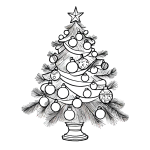 Hand-drawn Christmas tree with ornaments and ribbon for coloring