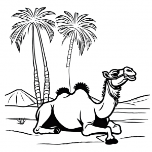 Happy camel sketch under palm tree in desert for coloring