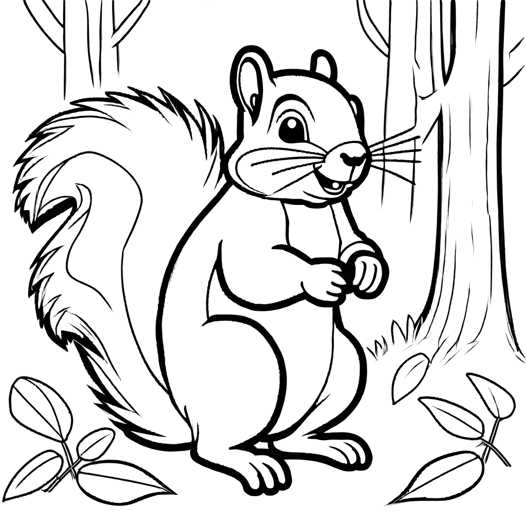 Cheerful squirrel coloring page in the forest