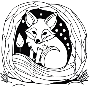 Happy fox coloring page curled up in a cozy den