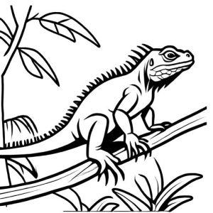Iguana sitting on branch with leaves