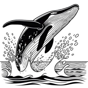 Whale jumping out of water with splashes coloring page