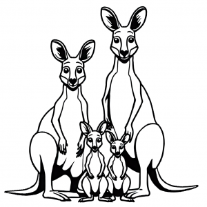 Kangaroo family coloring page with big kangaroo and two joeys