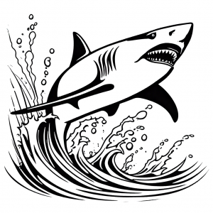 Stylized coloring page of shark leaping out of the water with splashes around it