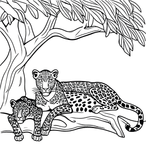 Leopard family lounging together under shady tree coloring page