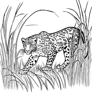 Leopard in the savanna, prowling in tall grass coloring page