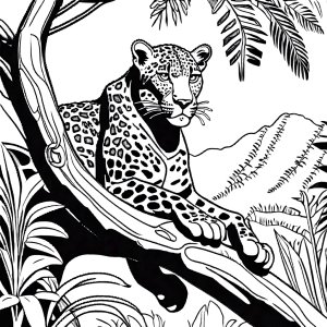 Leopard resting on tree branch in jungle coloring page