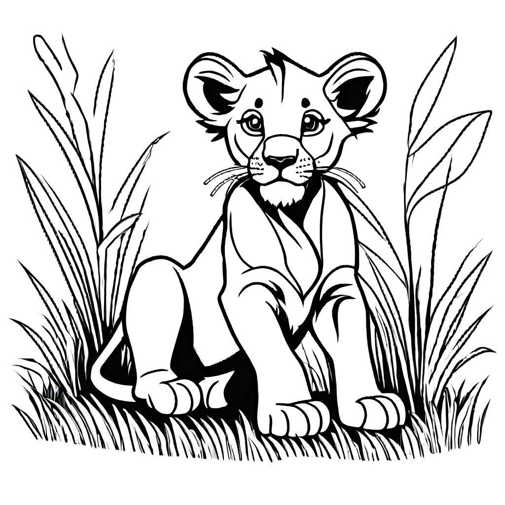 Adorable lion cub sitting on the grass coloring page for kids