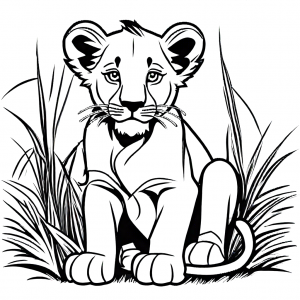 Lion cub outline drawing on grass