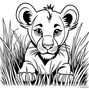 Simple lion cub playing in grass coloring page