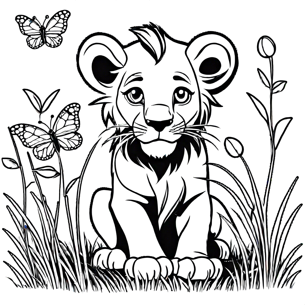 Lion cub coloring page with butterfly play