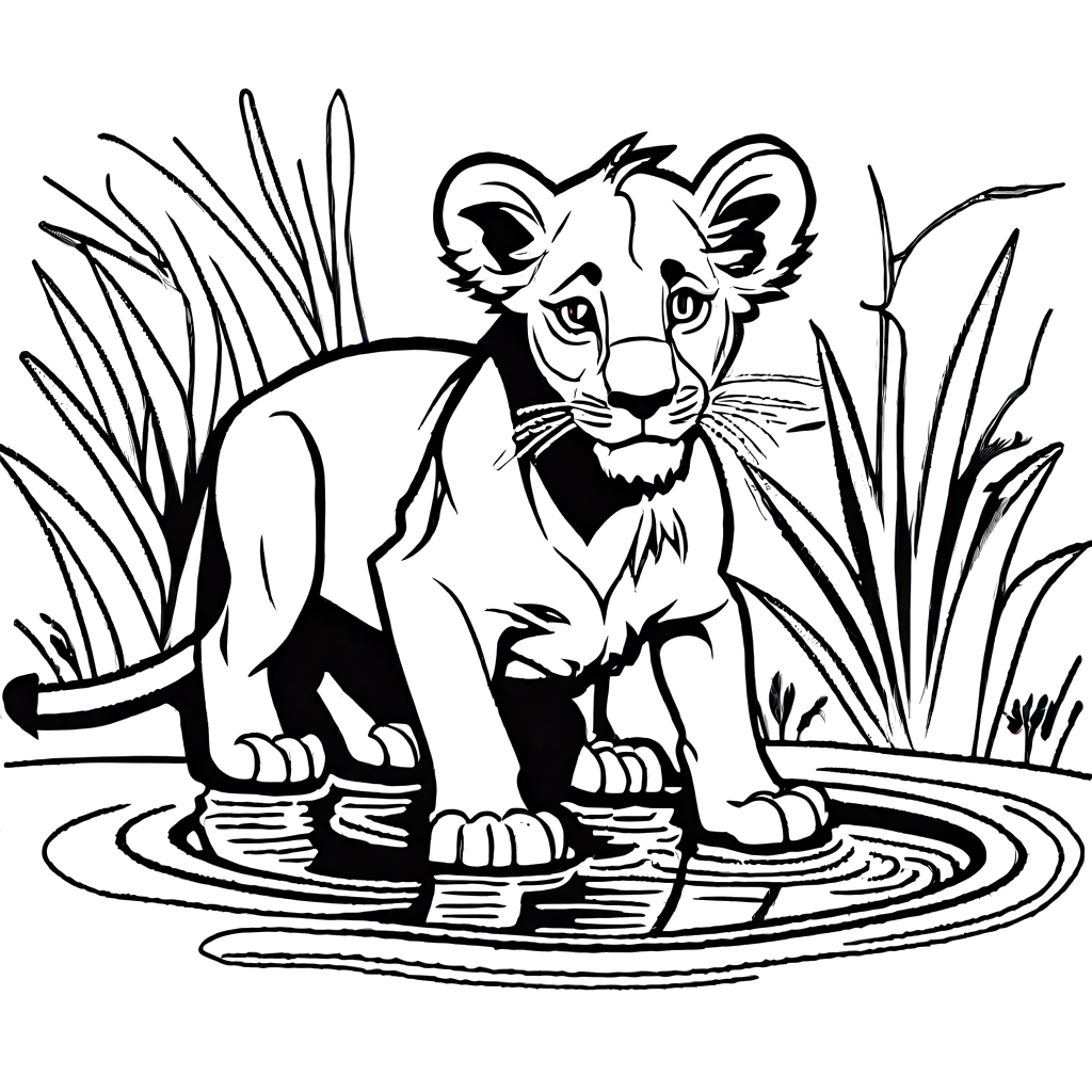 Lion cub coloring page by the watering hole
