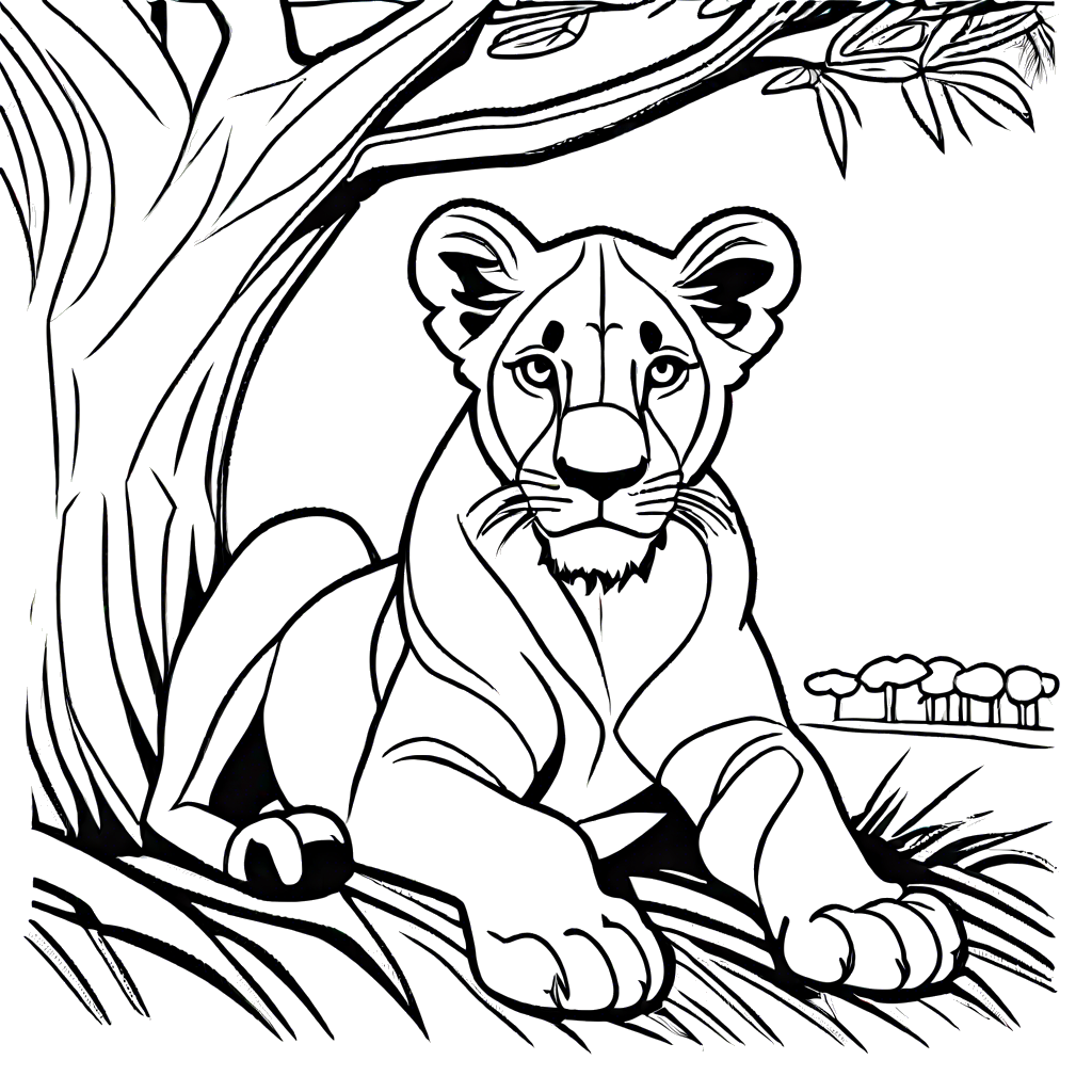 Lion cub coloring page with savannah landscape