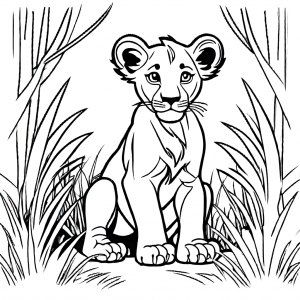 Lion cub coloring page with jungle background