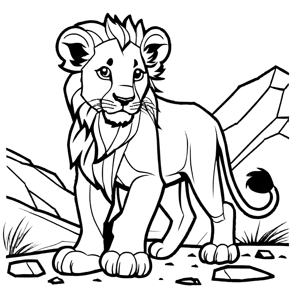 Lion cub coloring page walking on rocks