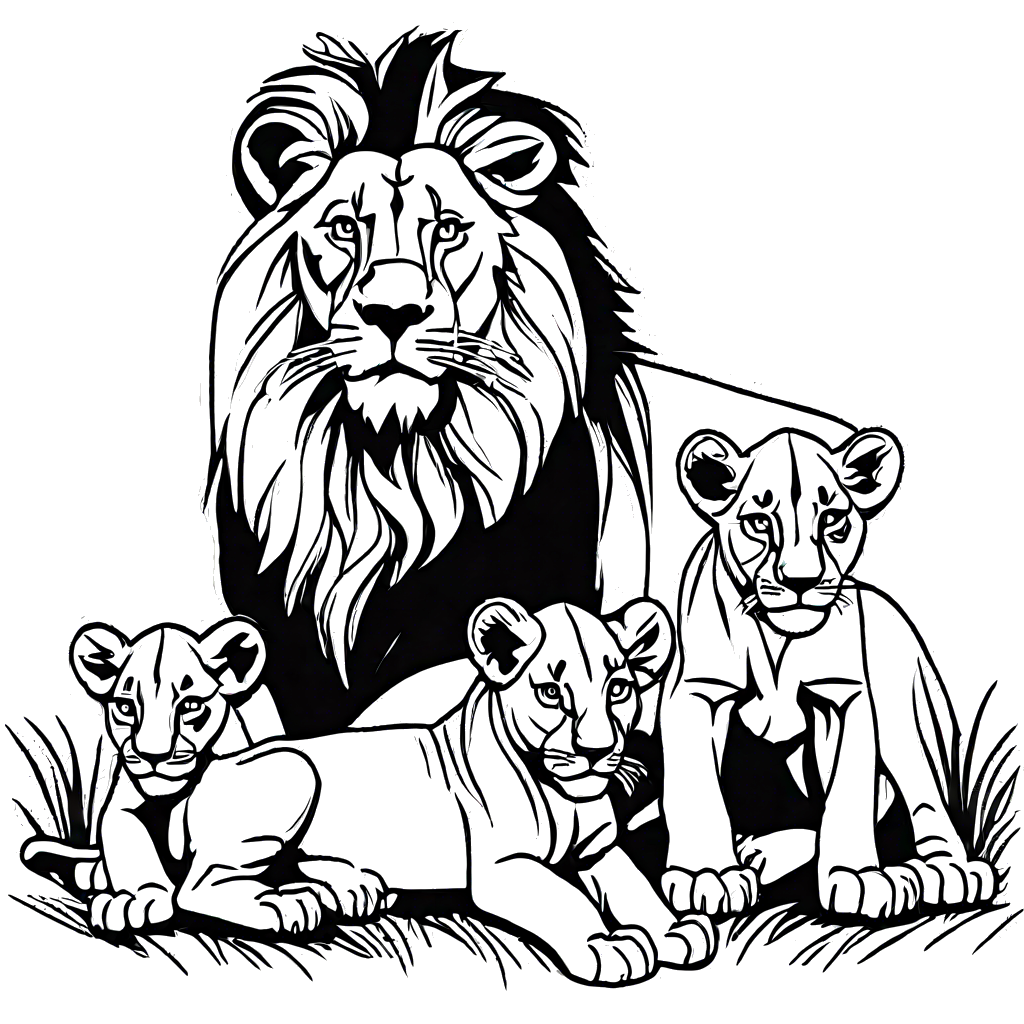 Sketch of lion family with lioness and cubs coloring page