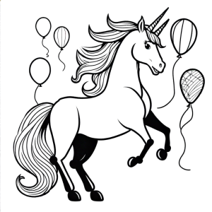 Lovely unicorn coloring page with heart-shaped balloons