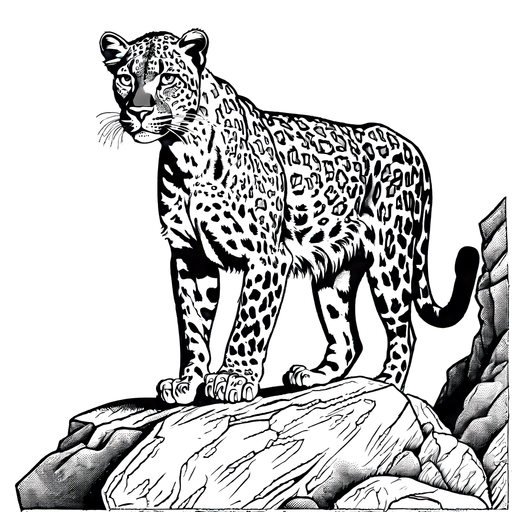 Majestic leopard standing on rocky outcrop coloring page