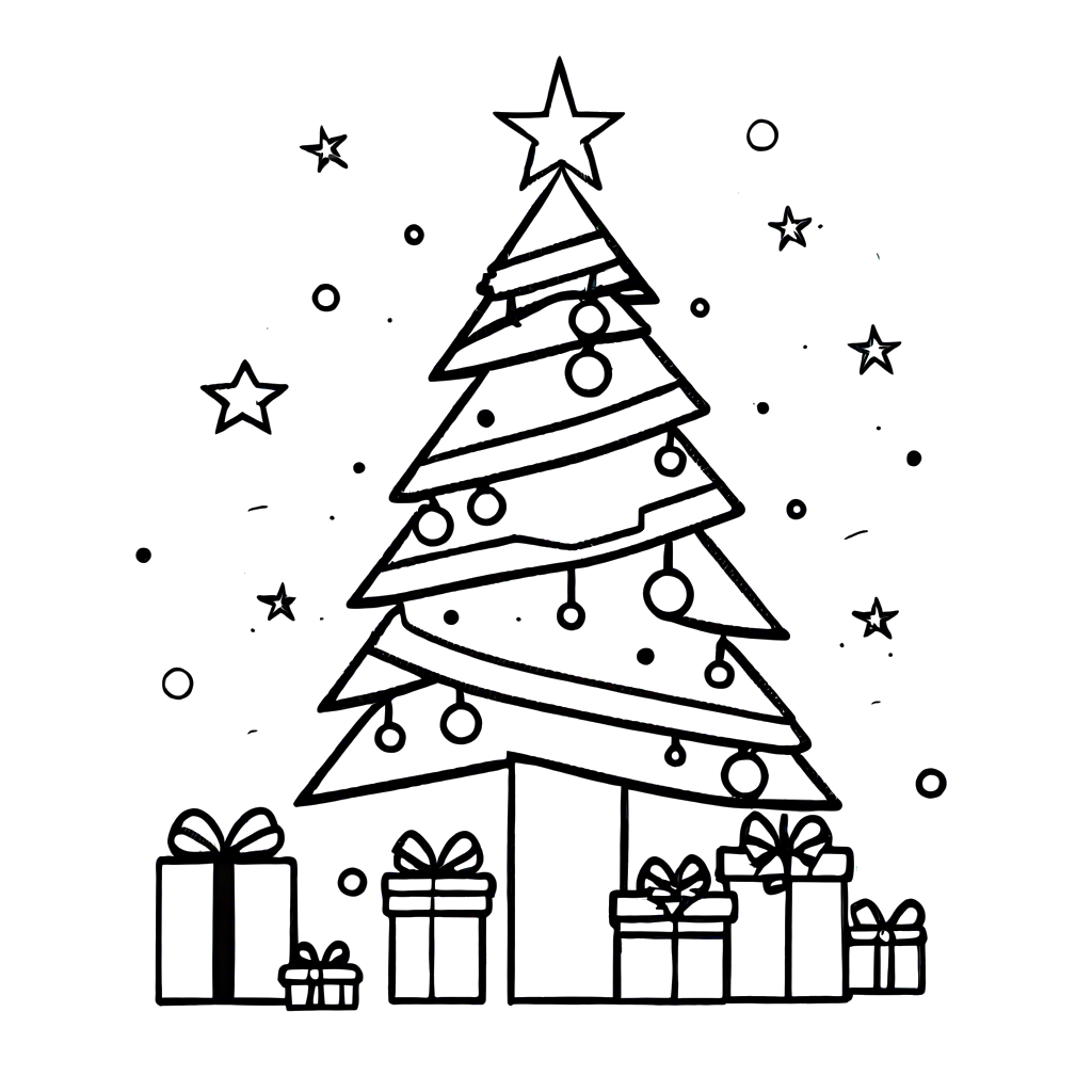 Minimalistic Christmas tree with star and presents coloring page