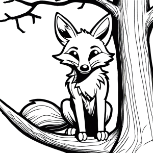 Mischievous fox coloring page peeking from behind a tree