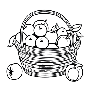 Basket filled with peaches, watermelons, and cherries coloring page