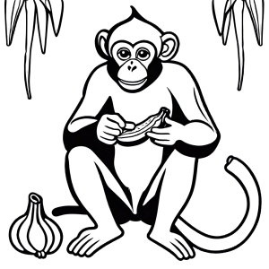 Monkey eating a banana outline coloring page