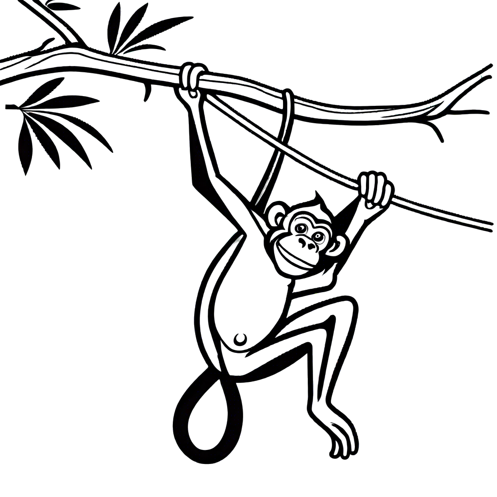 Monkey with a long tail hanging from a branch minimalistic coloring page
