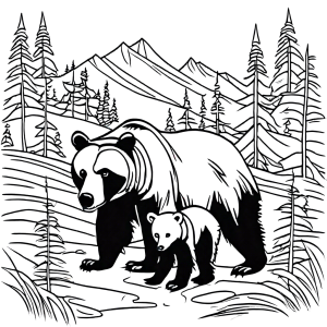 Mother brown bear and cub in the wilderness coloring page