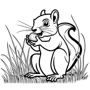 Squirrel happily munching on acorn in grassy field coloring page