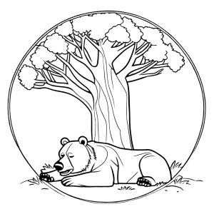 Brown bear taking a nap under a tree coloring page