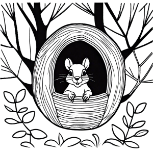 Squirrel peeking out of cozy nest in tree coloring page