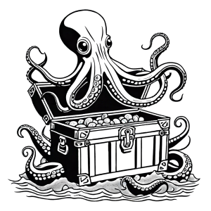 Detailed illustration of an octopus with its arms wrapped around a treasure chest in a sunken ship.