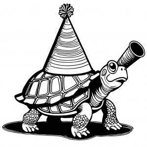 Jolly turtle with party hat and horn Coloring Page