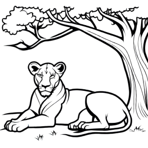 Lioness coloring page resting under tree with peaceful expression and serene surroundings Coloring Page