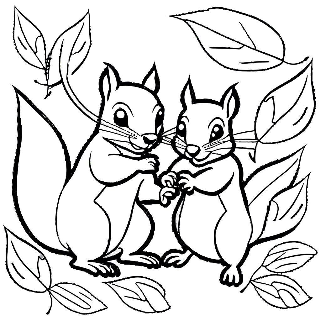 Playful squirrels chasing each other among autumn leaves coloring page