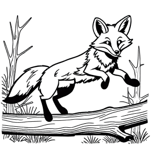 Playful fox coloring page jumping over a log