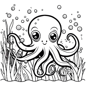 Playful octopus with a mischievous expression, surrounded by bubbles and colorful underwater plants.