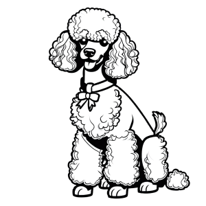 Poodle with a bow on its head standing on a leash coloring page