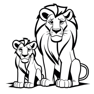 Lion family coloring page with proud lion king, nurturing lioness, and playful cubs Coloring Page