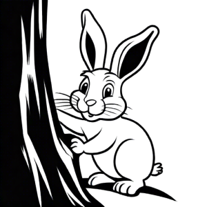 Rabbit peeking out from behind tree trunk coloring Page