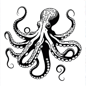Realistic outline of an octopus with intricate patterns on its body and long flowing tentacles.