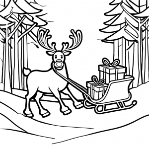 Determined reindeer pulling sleigh through snowy forest coloring page