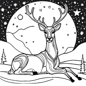 Peaceful reindeer resting under full moon and stars
