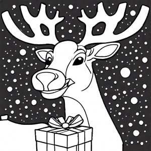 Jolly reindeer wearing a Santa hat and holding a present
