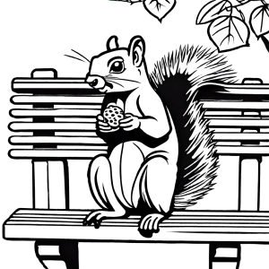 Squirrel sitting on park bench enjoying nut snack coloring page