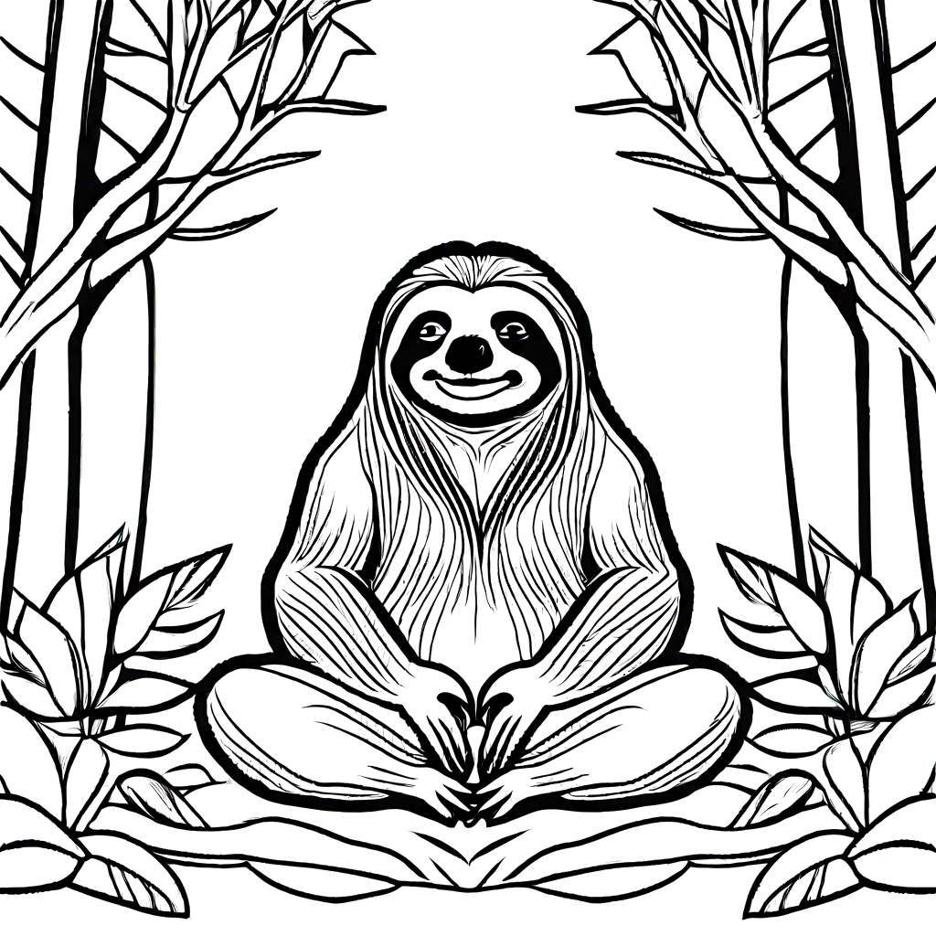 Meditating sloth in peaceful forest coloring page