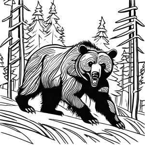 Brown bear roaring in the forest coloring page