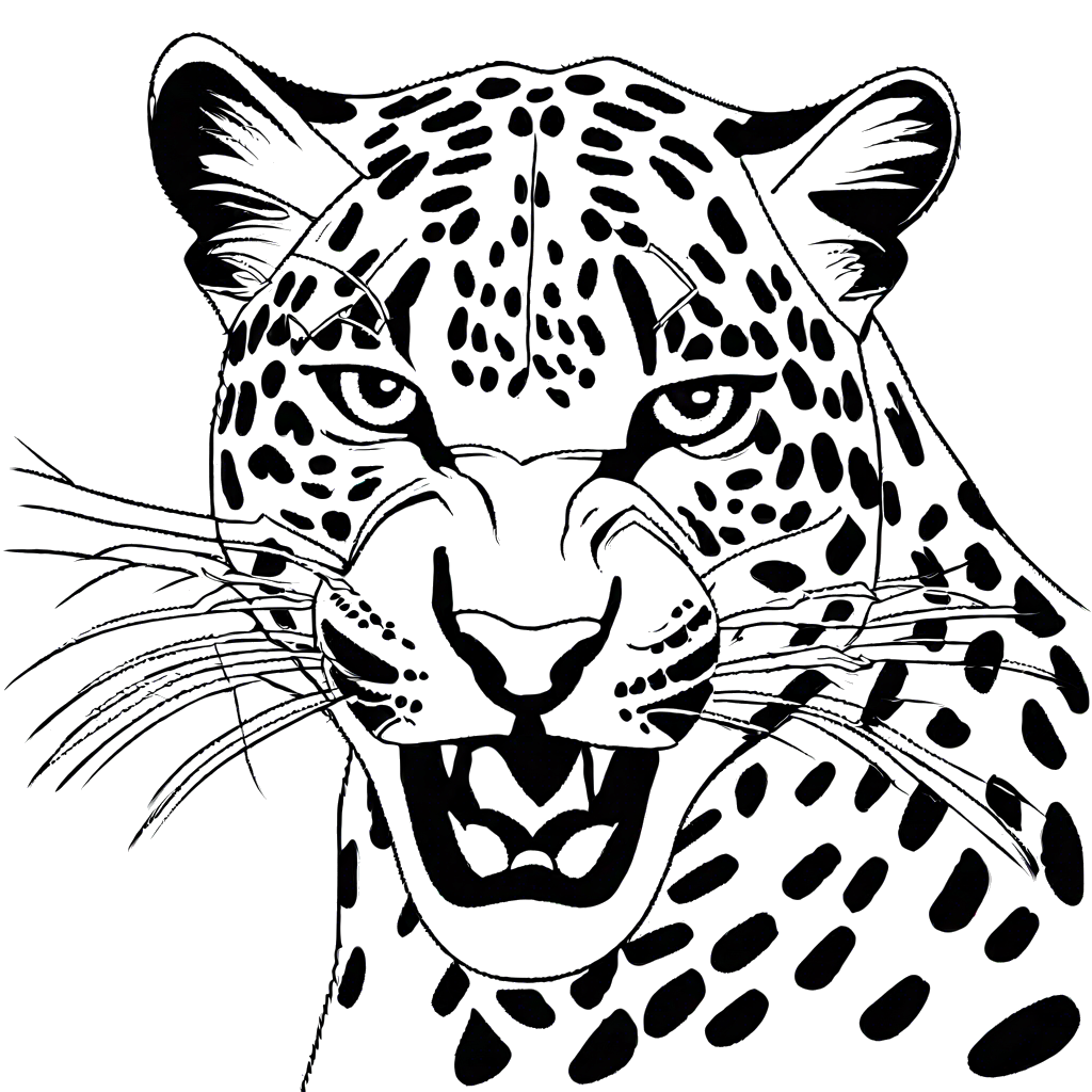 Outlined leopard roaring with fierce expression coloring page