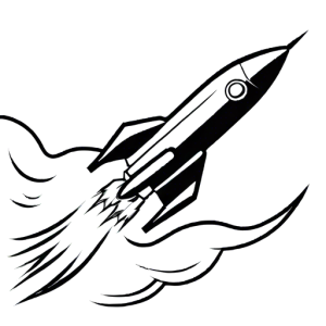 Hand-drawn rocket with flame shooting out coloring page