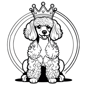Poodle with crown on head sitting coloring page